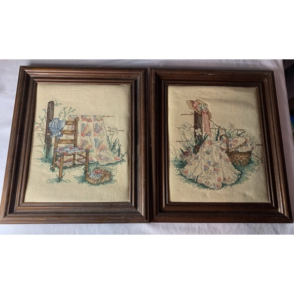 The Unbranded Brand Other - 2 Beautiful Finished & Framed Cross Stitch Pictures 80's Granny Core Vintage